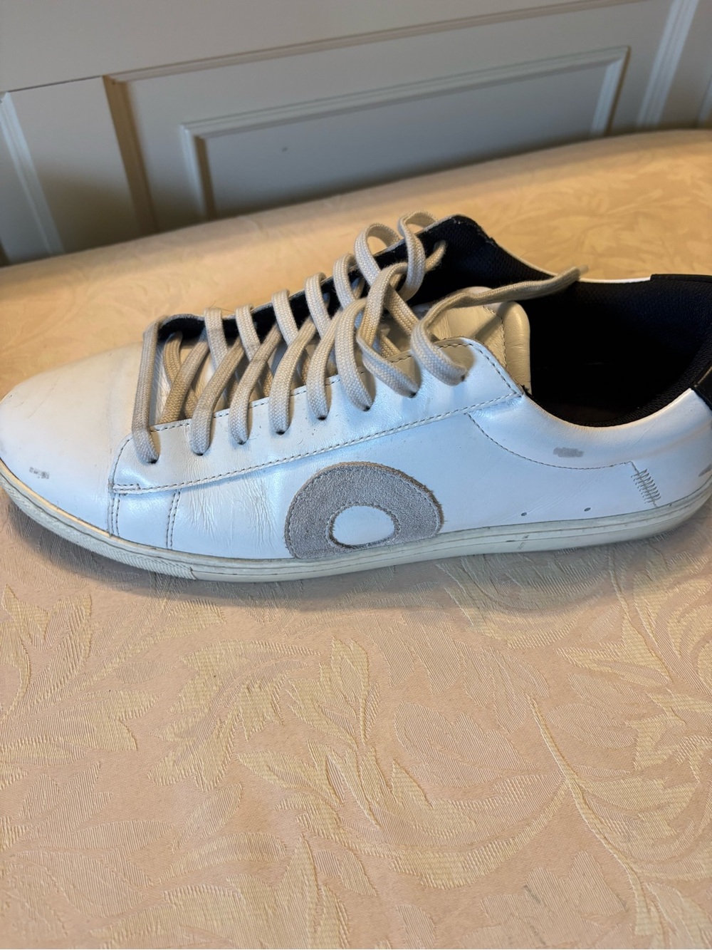 Oliver Cabell White Leather Low-Top Sneakers with Gray Suede Accent